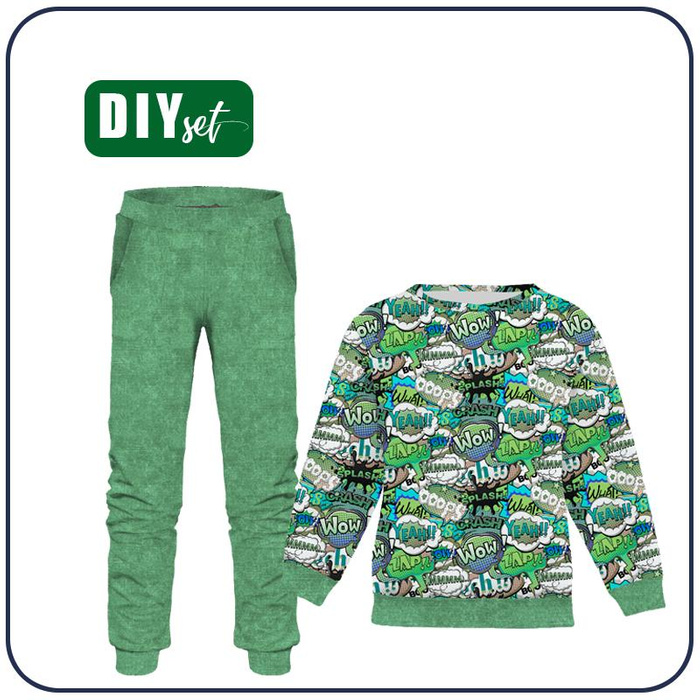 Children's tracksuit (MILAN) - COMIC BOOK (green - blue) - looped knit fabric (134/140)