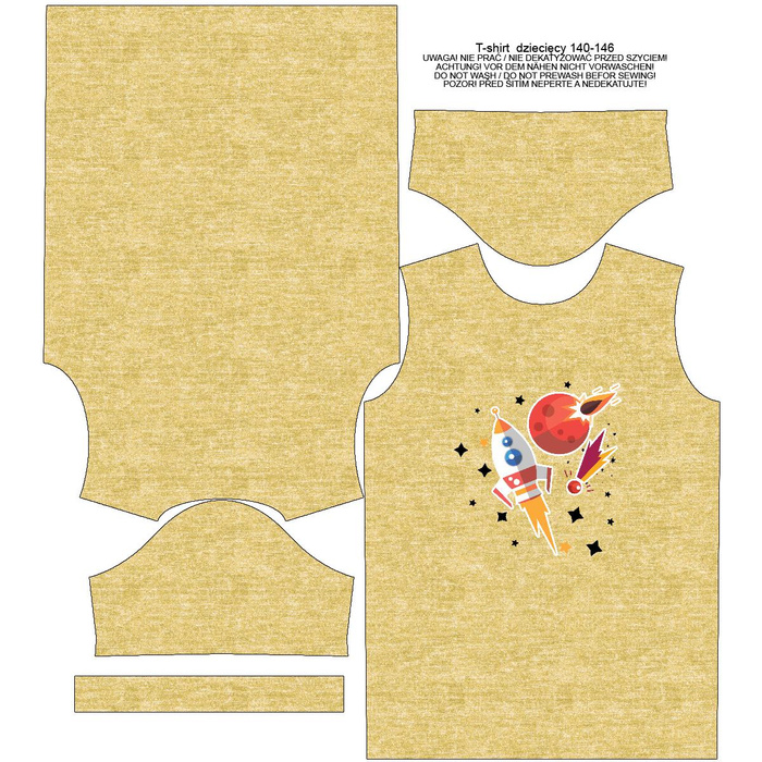 T-SHIRT DZIECIĘCY - RAKIETA I KOMETY (WYPRAWA W KOSMOS) / ACID WASH ZŁOTY - single jersey (128/134)