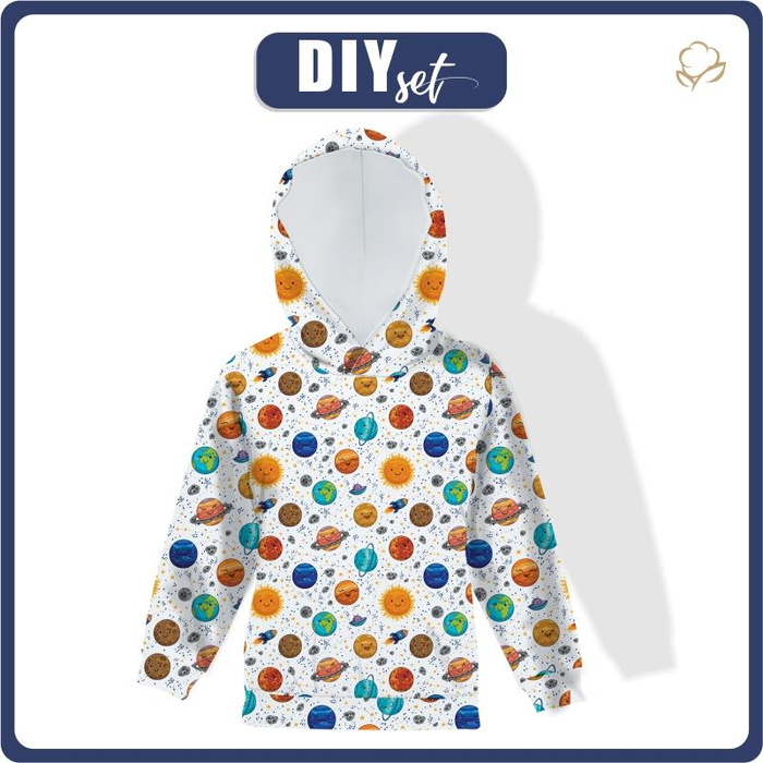 KID'S HOODIE - PLANETS / white - looped knit fabric (122/128)