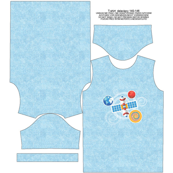 T-SHIRT DZIECIĘCY - SATELITA (WYPRAWA W KOSMOS) / ACID WASH BŁĘKITNY - single jersey (92/98)