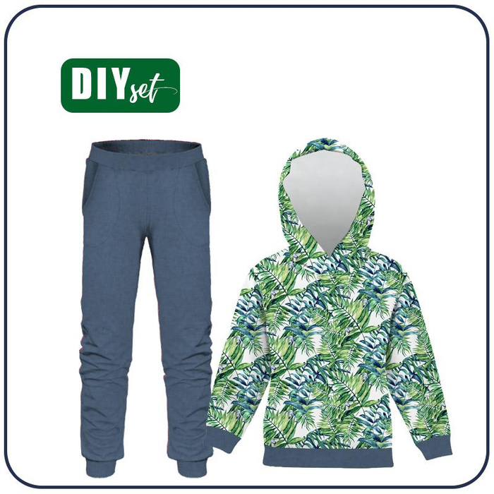 Children's tracksuit (OSLO) - MINI LEAVES AND INSECTS PAT. 6 (TROPICAL NATURE) / white - looped knit fabric (98/104)
