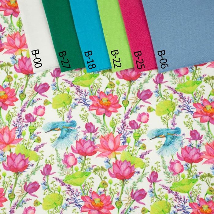 MINI KINGFISHERS AND POPPIES (KINGFISHERS IN THE MEADOW) / white - Woven Fabric for tablecloths