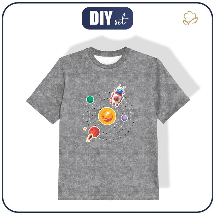 T-SHIRT DZIECIĘCY - UKŁAD SŁONECZNY (WYPRAWA W KOSMOS) / ACID WASH SZARY - single jersey (104/110)