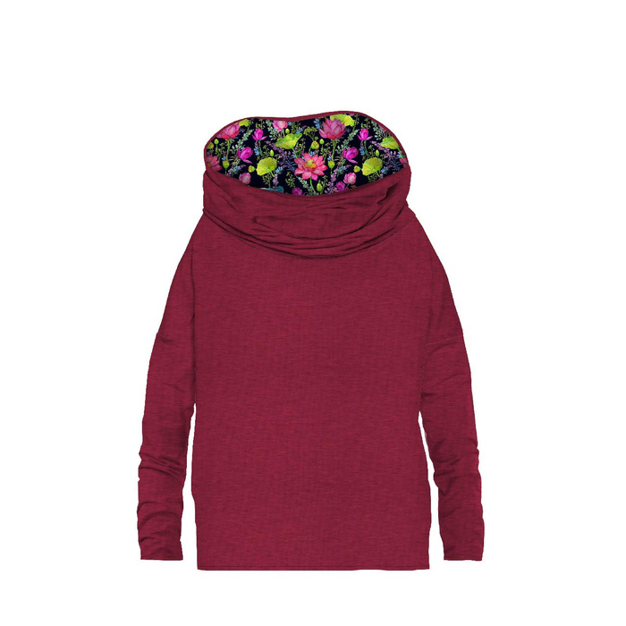 Sweatshirt mit Schalkragen und Fledermausärmel (FURIA) - MELANGE VIVA MAGENTA / EISVÖGEL UND MOHNBLUMEN - Nähset - XXL