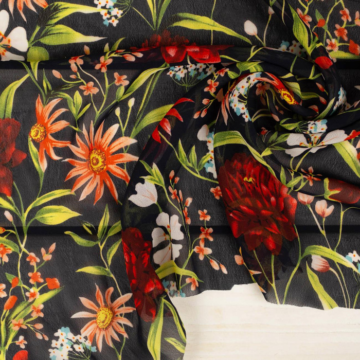 FLOWERS ON THE MEADOW pat. 3 / navy - Chiffon