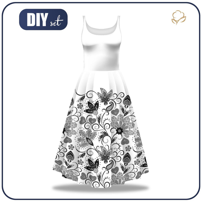 DRESS "ISABELLE" - FLOWERS (pattern no. 2 grey) / white - sewing set XXL