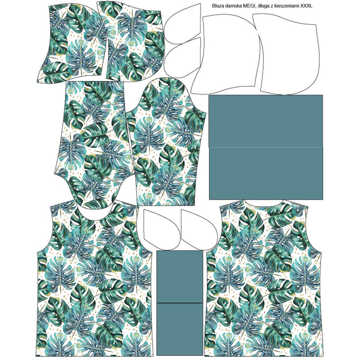 BLUZA DAMSKA (MEGI) - DŁUGA Z KAPTUREM - MONSTERA wz. 4 / biały -  dzianina pętelkowa - XS