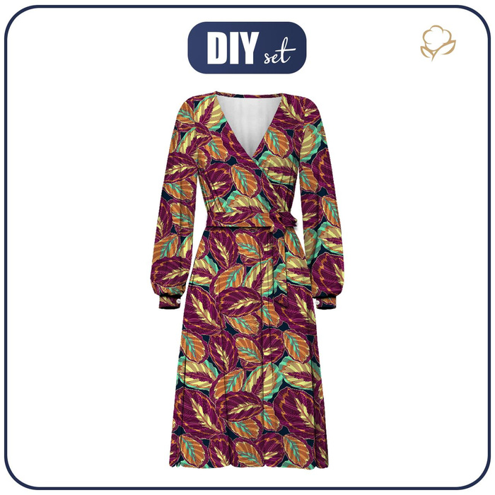 WRAP MIDI DRESS (BIANCA) - PURPLE LEAVES (VINTAGE) - sewing set XL