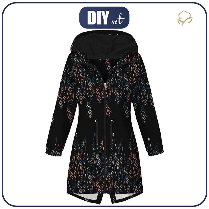 WOMEN'S PARKA (ANNA) - LEAVES PAT. 3 / BLACK - softshell S