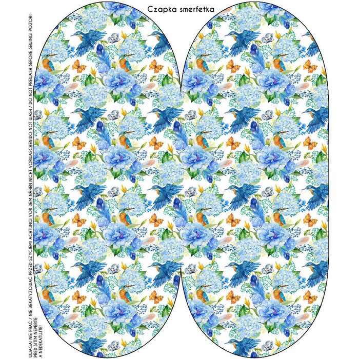 "Beanie" cap - KINGFISHERS AND LILACS (KINGFISHERS IN THE MEADOW) / white 57-59