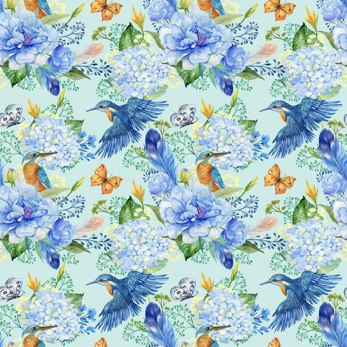 MINI KINGFISHERS AND LILACS (KINGFISHERS IN THE MEADOW) / light blue