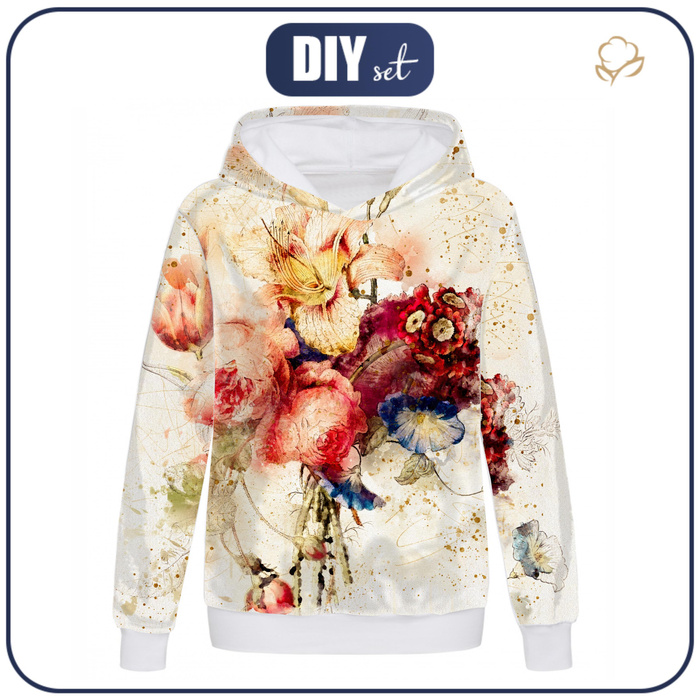 BLUZA DAMSKA (POLA) CLASSIC Z KAPTUREM - WATERCOLORS FLOWERS wz. 5 - dzianina pętelkowa  XXL