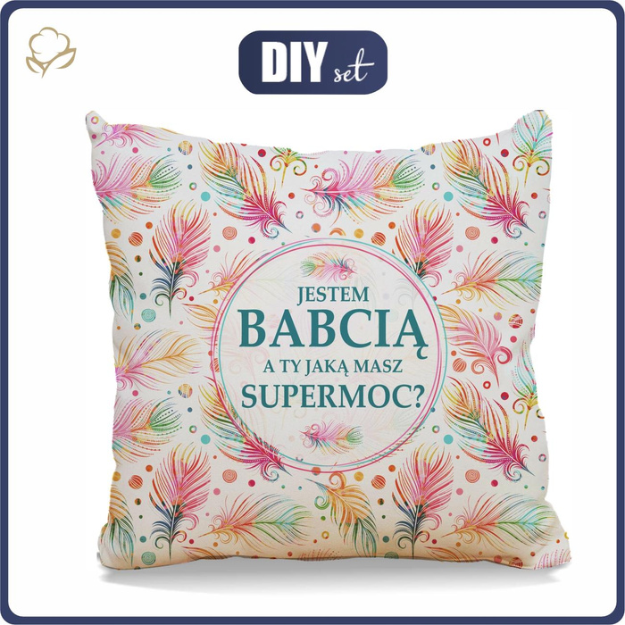 KISSEN 45x45 - JESTEM BABCIA, A TY JAKĄ MASZ SUPERMOC? / regenbogen federn - Velours - Vorderseite + Rückseite
