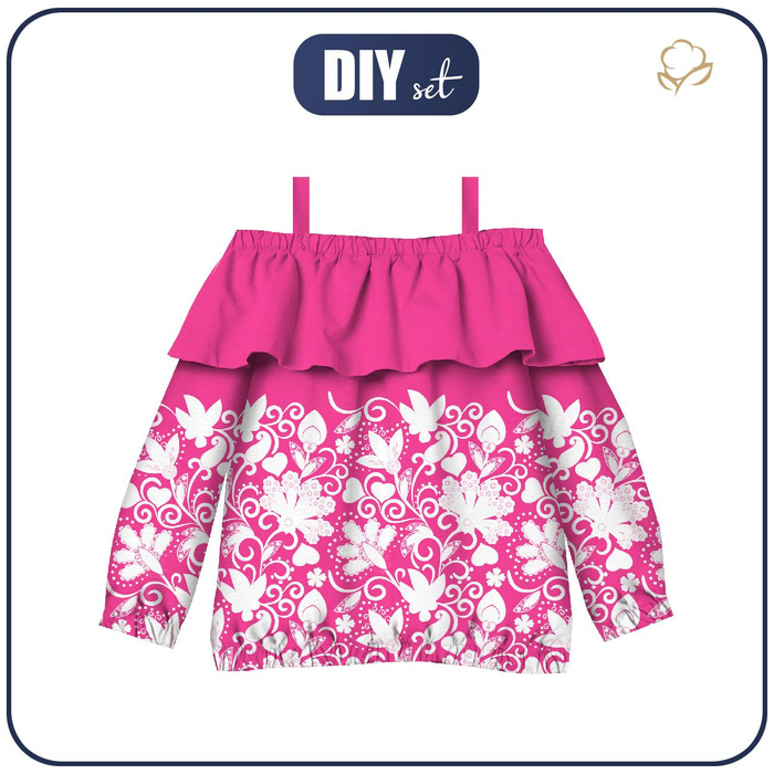 Bluzka hiszpanka (VIKI) - KWIATY (wzór 2 biały) / fuksja - zestaw do uszycia 98-104