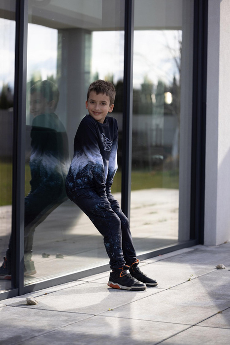 Children's tracksuit (MILAN) - SPACESHIP (SPACE EXPEDITION) / ACID WASH MAROON - looped knit fabric (134/140)