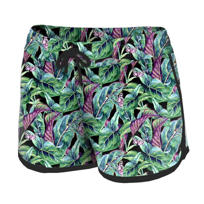 Women’s boardshorts - MINI LEAVES AND INSECTS PAT. 1 (TROPICAL NATURE) / black XL