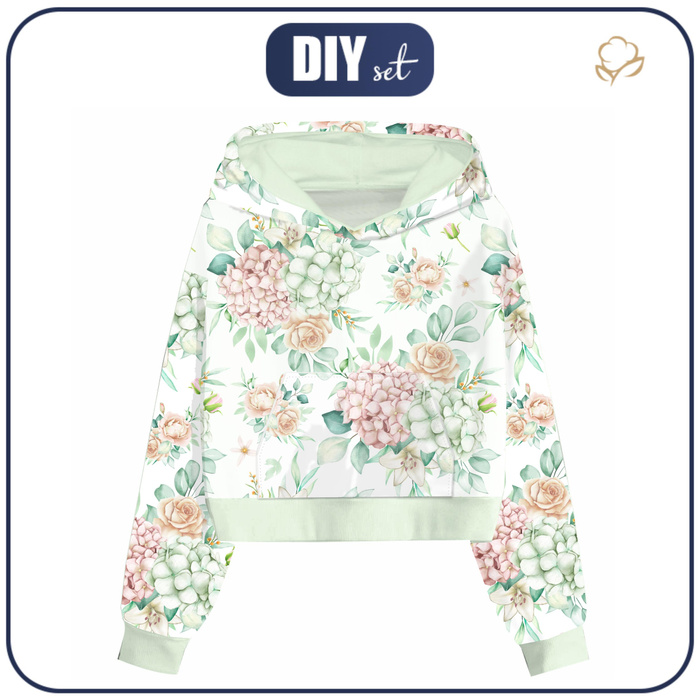 Cropped hoodie (IDA) - Hydrangeas / white - sewing set - S