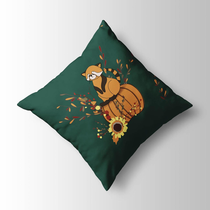 RED PANDA ON A PUMPKIN / bottled green (RED PANDA’S AUTUMN)  - panel (60cm x 50cm)