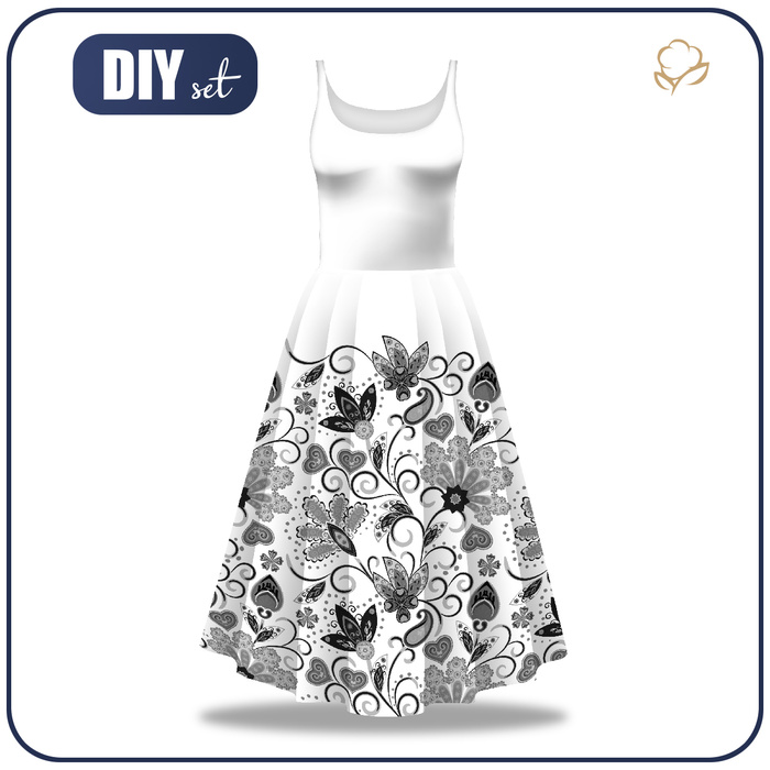 DRESS "ISABELLE" - FLOWERS (pattern no. 2 grey) / white - sewing set S