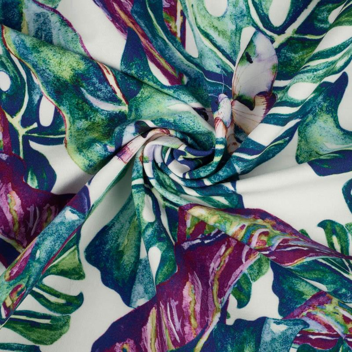 LEAVES AND INSECTS PAT. 5 (TROPICAL NATURE) / white - Cotton muslin