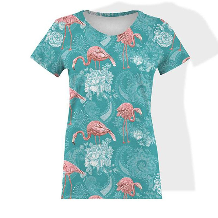 WOMEN’S T-SHIRT - FLAMINGOS AND ROSES / sea blue - single jersey M
