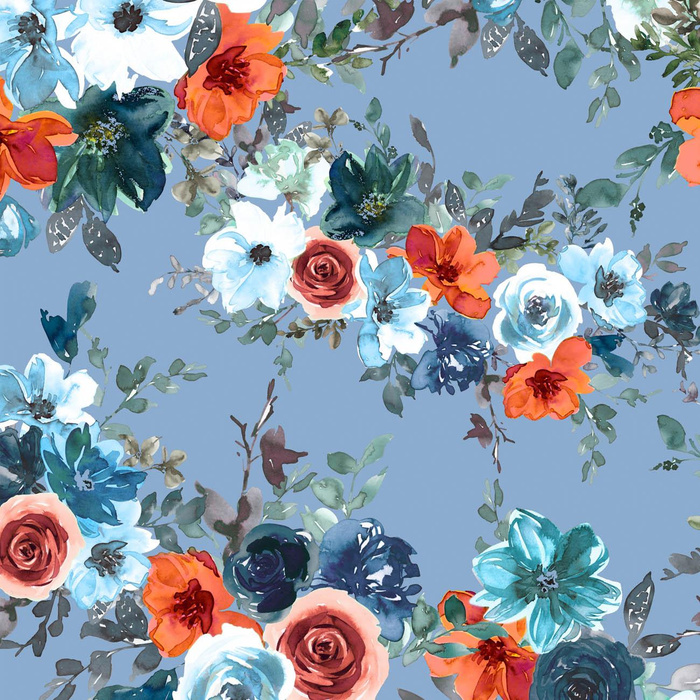 WATER-COLOR FLOWERS pat. 2 / light blue - Cotton woven fabric