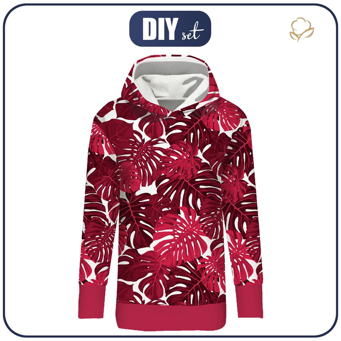 LONG WOMEN’S HOODIE (MEGI) - MONSTERA 2.0 / viva magenta - looped knit fabric - XXL