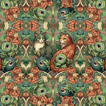 ART NOUVEAU CATS & FLOWERS PAT. 3 - panel (60cm x 50cm) Cotton woven fabric