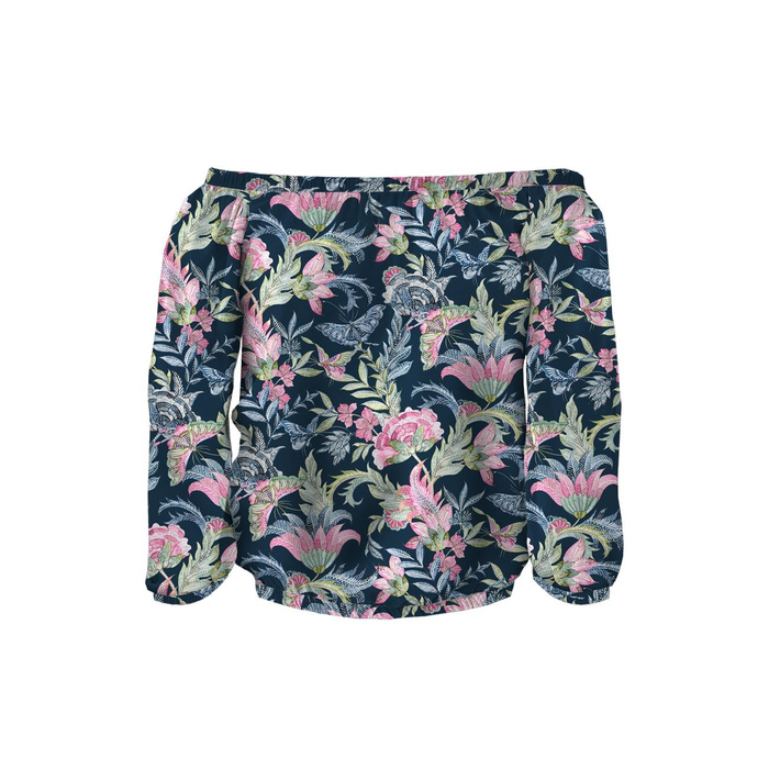 Bluzka hiszpanka (SOFIA) - KWIATY I MOTYLE / navy - zestaw do uszycia M