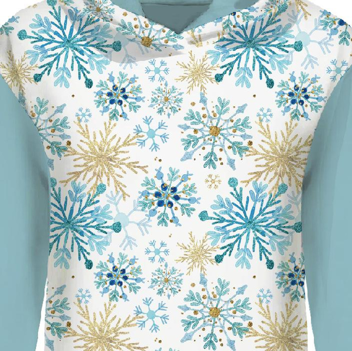 BLUZA DAMSKA (POLA) CLASSIC Z KAPTUREM - NIEBIESKIE ŚNIEŻYNKI -  dzianina pętelkowa  XL