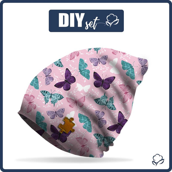"Beanie" cap - BUTTERFLIES PAT. 5 / pink (PURPLE BUTTERFLIES) 57-59