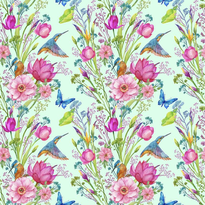 MINI KINGFISHERS AND BUTTERFLIES (KINGFISHERS IN THE MEADOW) / mint - lycra 300g