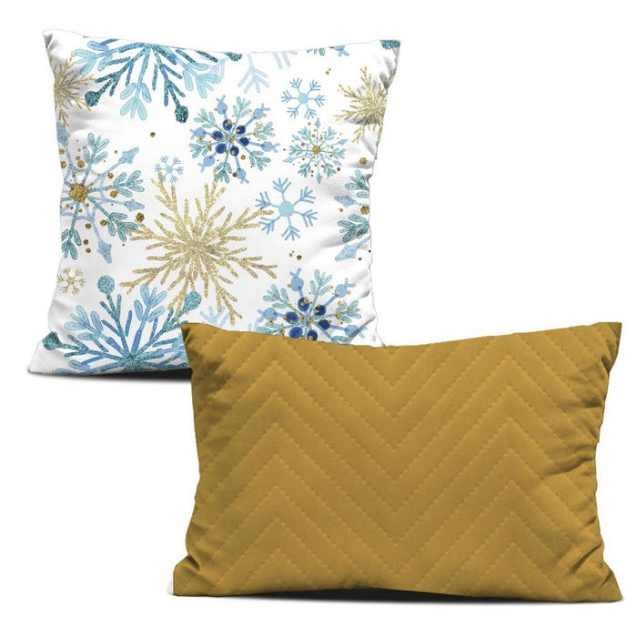 DECORATIVE PILOWS - BLUE SNOWFLAKES / mustard
