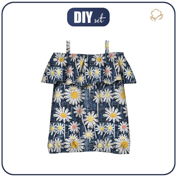 Bardot neckline blouse (SARA) - DAISIES DENIM IMITATION WZ. 1 - sewing set - 98-104