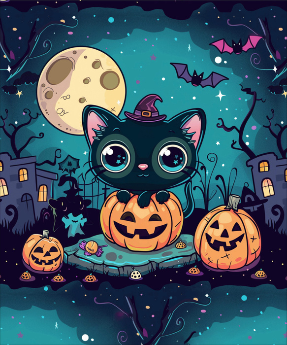 HALLOWEEN CAT MOON - panel (60cm x 50cm) teplákovina počesaná s elastanem ITY