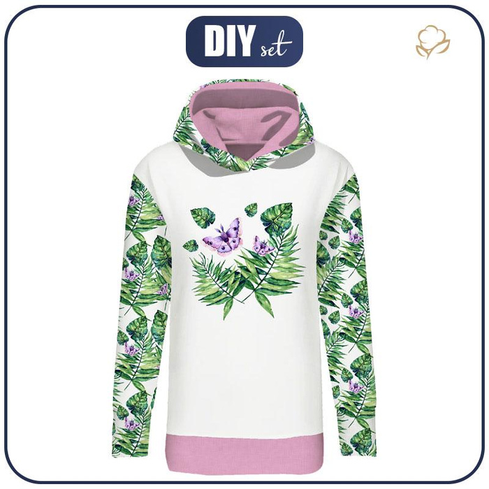 BLUZA DAMSKA (MEGI) - DŁUGA Z KAPTUREM - MINI LIŚCIE I OWADY WZ. 4 (TROPIKALNA NATURA) / biały - dzianina pętelkowa - M