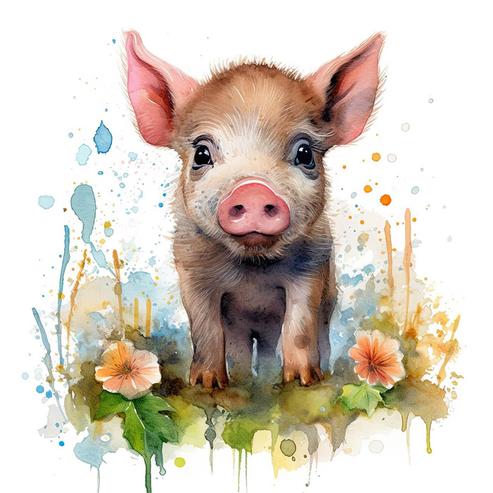 WATERCOLOR PIGGY - panel (75cm x 80cm) Cotton woven fabric