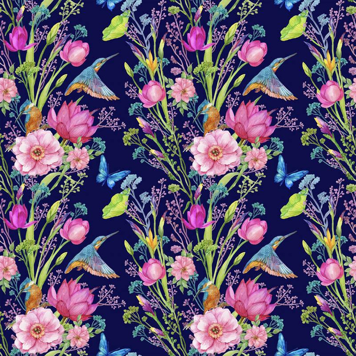 MINI KINGFISHERS AND BUTTERFLIES (KINGFISHERS IN THE MEADOW) / dark blue- single jersey with elastane ITY