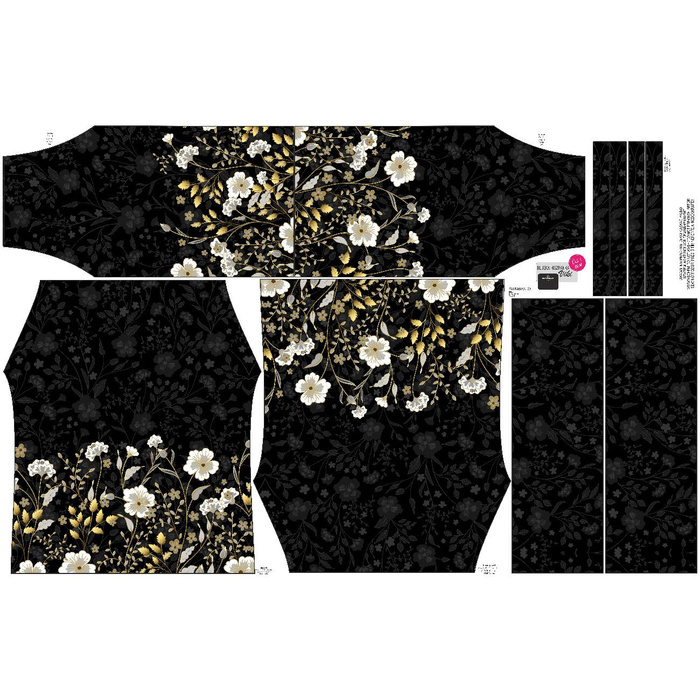 Bardot neckline blouse (VIKI) - FLOWERS (pattern no. 8) / black - sewing set - 134-140