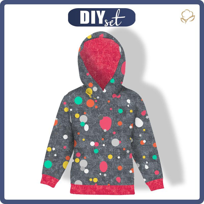 DZIECIĘCA BLUZA Z KAPTUREM (ALEX) - KOLOROWE KROPKI / ACID WASH GRAFITOWY - dzianina pętelkowa (98/104)