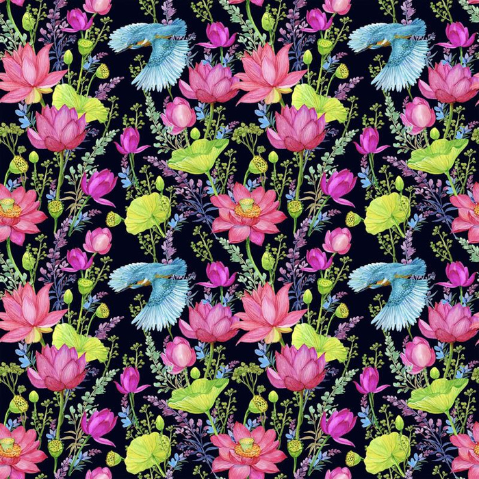 MINI KINGFISHERS AND POPPIES (KINGFISHERS IN THE MEADOW) / black - Waterproof woven fabric