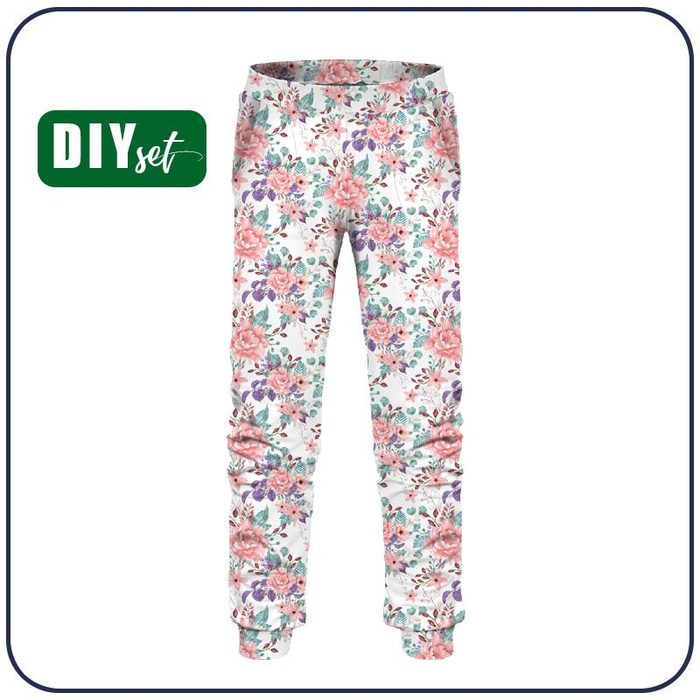 DZIECIĘCE SPODNIE DRESOWE (LYON) - KWIATY DZIKIEJ RÓŻY wz. 1 (KWITNĄCA ŁĄKA) - dzianina pętelkowa