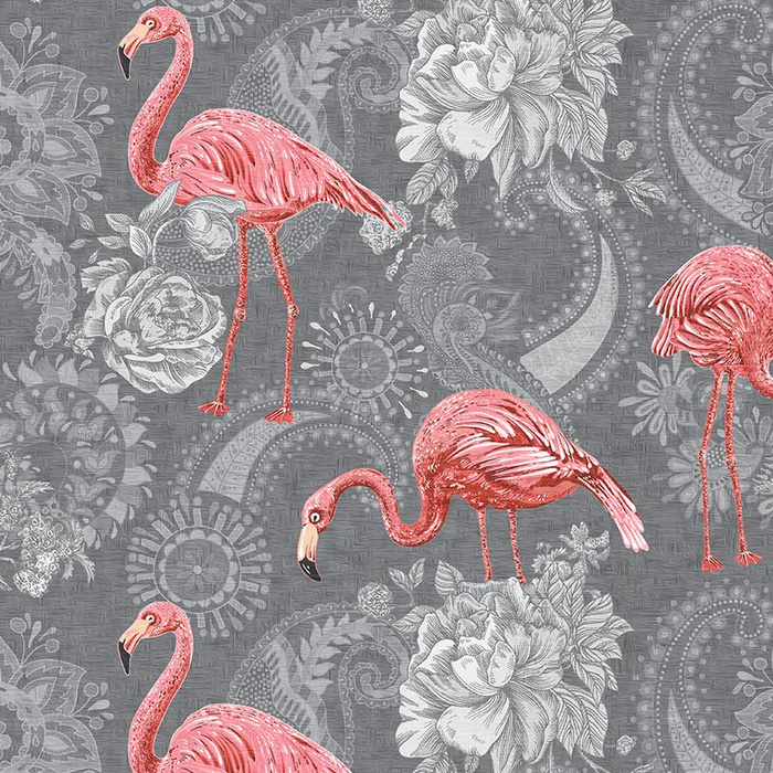 FLAMINGOS AND ROSES / grey - Waterproof woven fabric