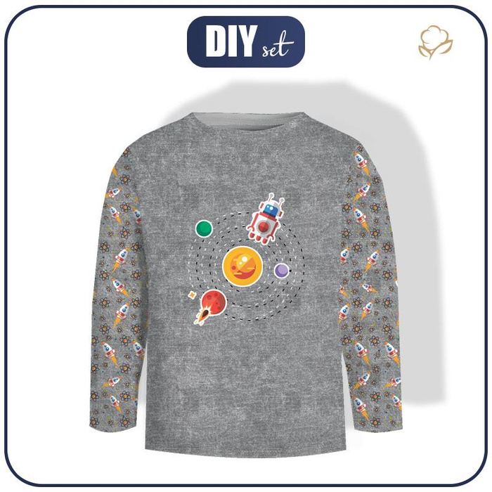 Longsleeve - UKŁAD SŁONECZNY (WYPRAWA W KOSMOS) / ACID WASH SZARY - single jersey (122/128)