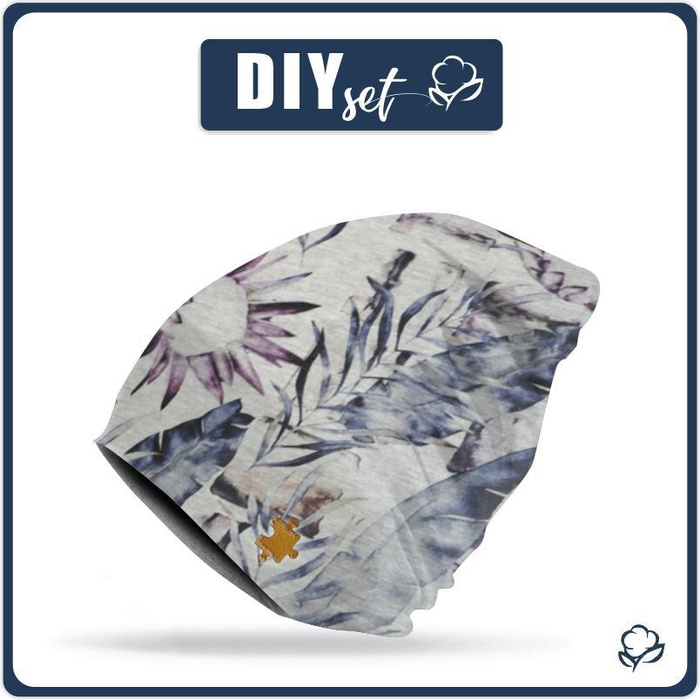 "Beanie" cap - WATERCOLOR LEAVES 2.0 / melange light gray 57-59