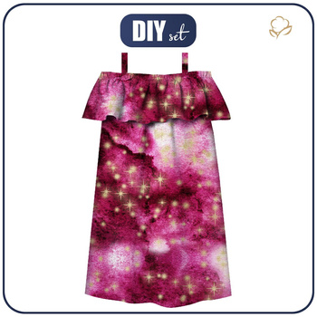 Bardot neckline dress (LILI) - GOLDEN STARS Pat. 2 / WATERCOLOR MARBLE - sewing set - 110-116
