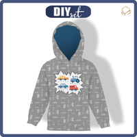 KID'S HOODIE (ALEX) - VEHICLES pat. 2 / white (ADVENTURE BEGINS) - looped knit fabric (98/104)