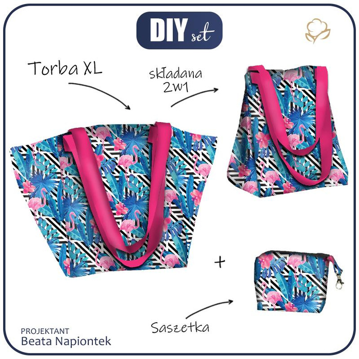 XL bag with in-bag pouch 2 in 1 - TROPICAL FLAMINGOS - sewing set