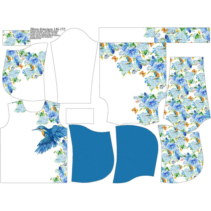 KID'S HOODIE (ALEX) - KINGFISHERS AND LILACS (KINGFISHERS IN THE MEADOW) / white - looped knit fabric (122/128)