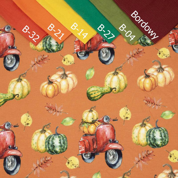 KÜRBISSE AUF DEM SCOOTER (Blätter) / orange (KÜRBISGARTEN) - French Terry mit Elasthan
